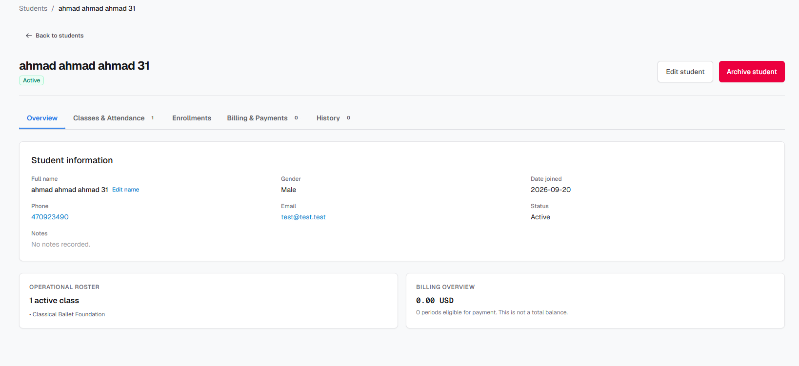 ClassDay student profile overview and attendance status dashboard