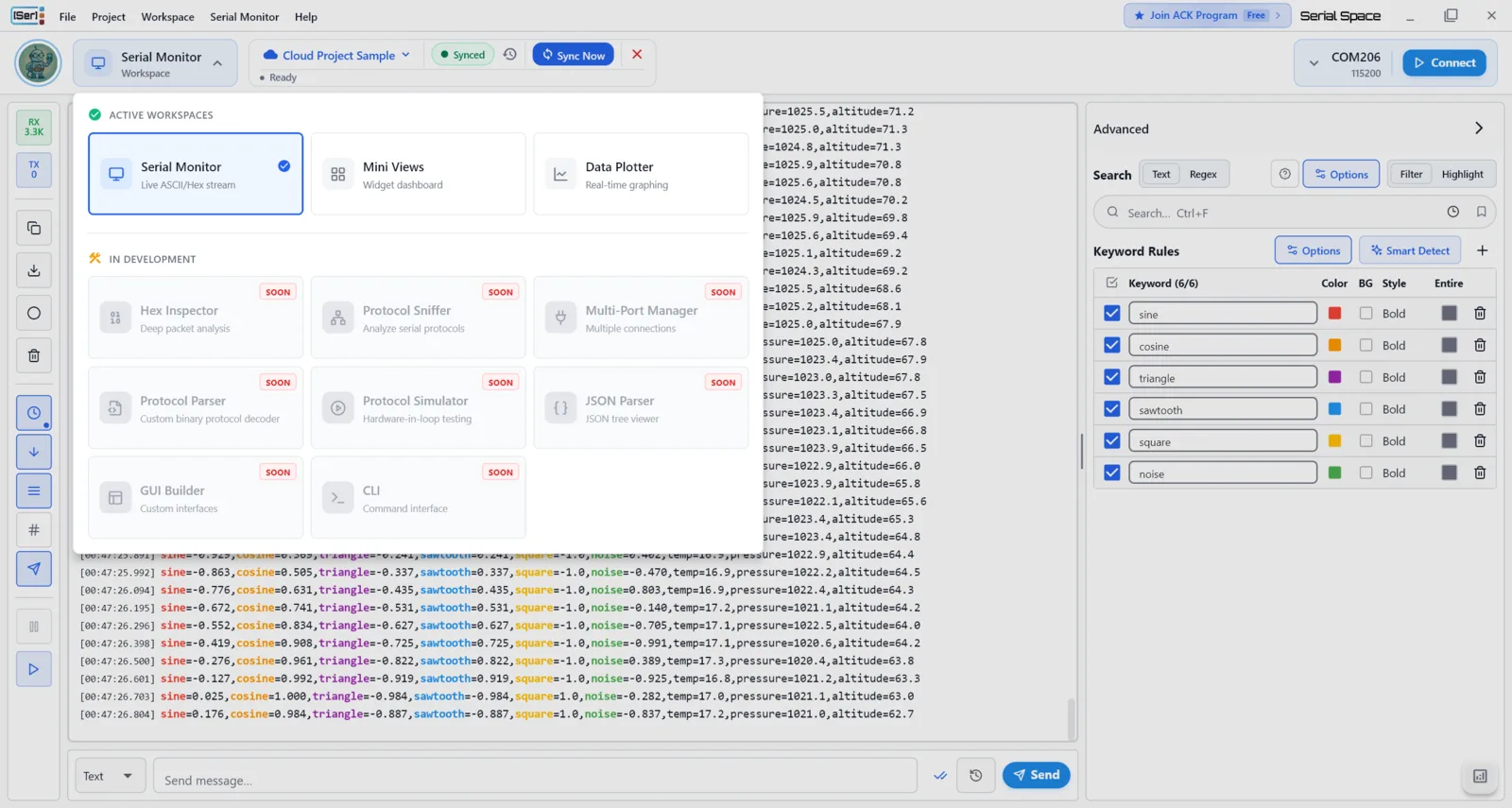 Serial Space main workspace interface with live plotter and mini views